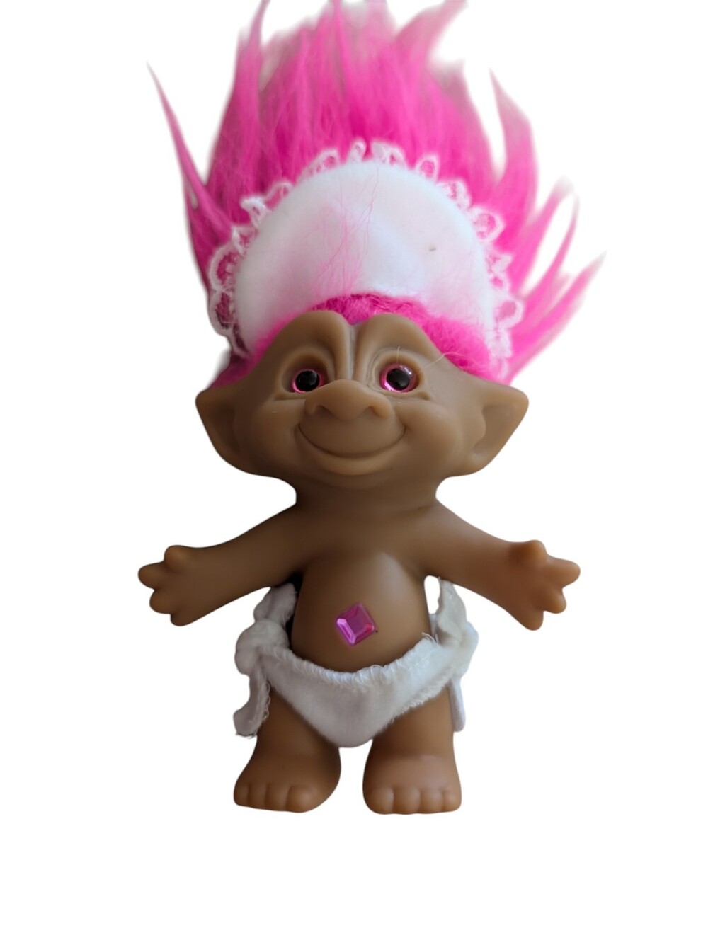 Vintage 90s Ace Novelty Wishnik Baby Troll Doll | Pink Hair Jeweled Belly